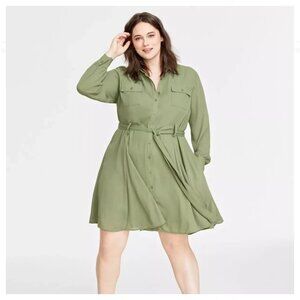 On 34th Women's Plus Size 2X Chambray Belted Shirtdress  Fit & Flare Long Sleeve